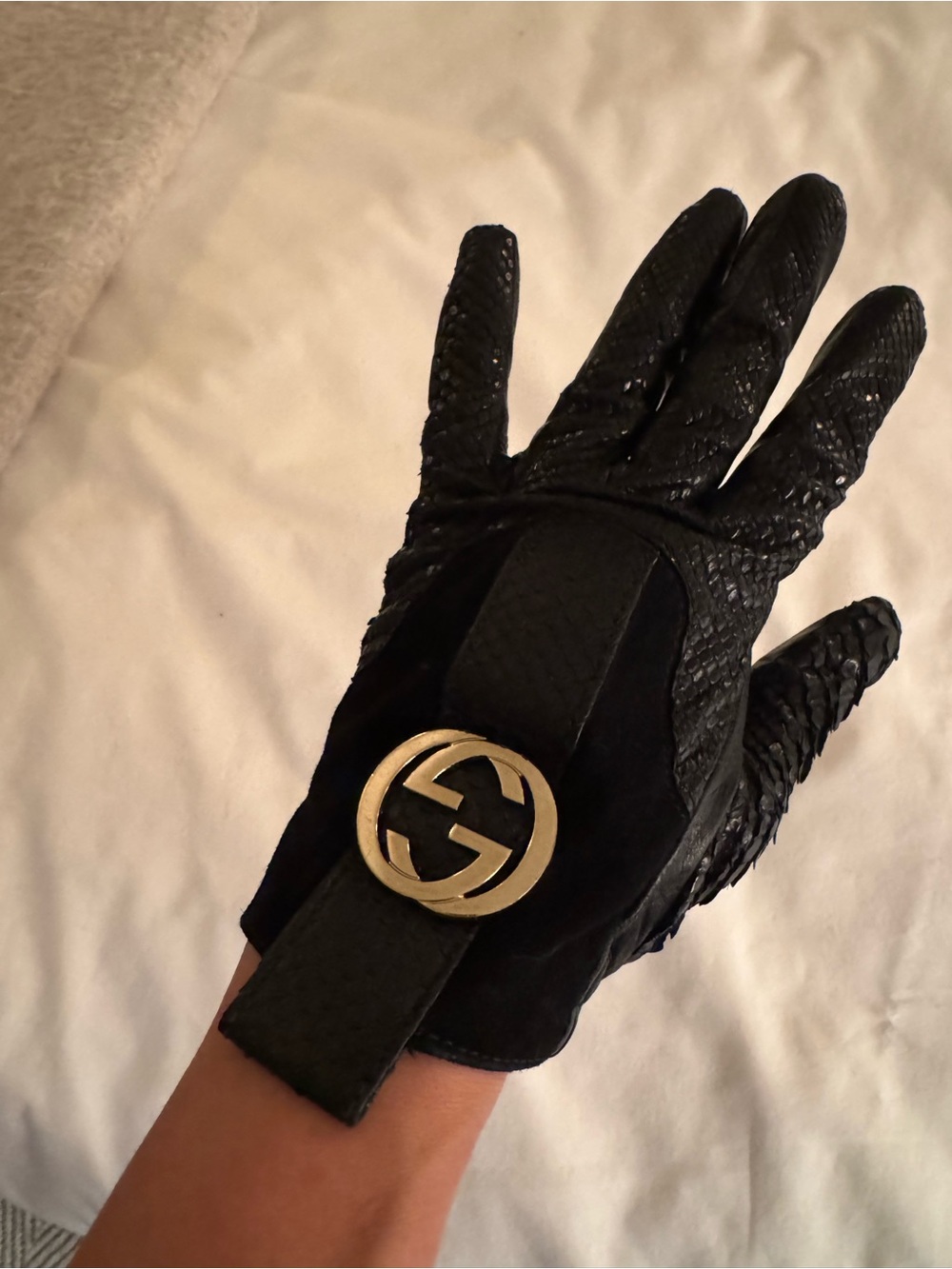 Gucci Black Leather & Snakeskin Logo Strap Gloves with Gold GG Buckle